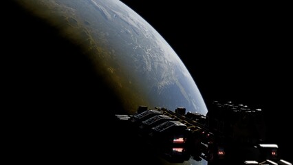 Spaceship Orbiting Earth with Fleet in Deep Space, Sci Fi Concept © Louis