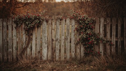 A weathered wooden fence with climbing plants and flowers, set against a backdrop of autumnal trees and dry grass, creating a rustic outdoor scene.