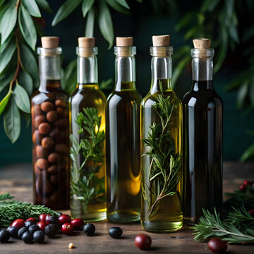 Various flavored oils with herbs and olives in glass bottles on a wooden table