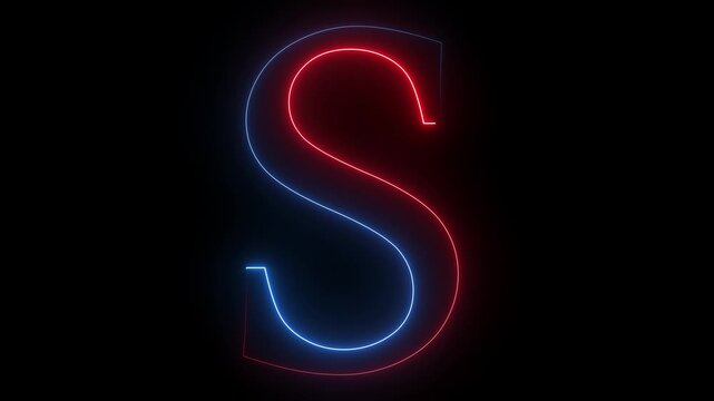 Glowing neon capital letter alphabet S animation. Purple and blue neon font letter "S" on black background. Educational concept