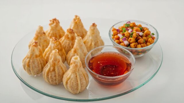 Crispy Fried Dumplings or Modak Served with Chickpea Salad and Red Dipping Sauce on Glass Plate