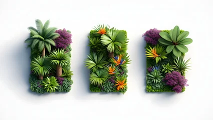 Canvas schilderij Tuin Three lush rectangular vertical gardens featuring tropical plants and vibrant flowers  © Sakib Visuals