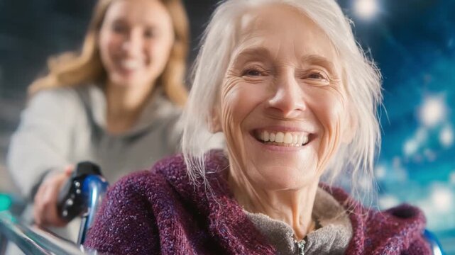   A Moment of Happiness: A close-up shot of a smiling senior woman, her face radiating joy as she's being guided, showcasing the beauty of intergenerational connection and the spirit of care