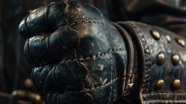 Video A detailed shot of a person's leather glove with intricate stitching and texture