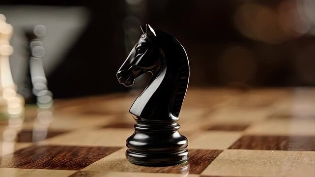 Close up of a black chess knight on a wooden chessboard.