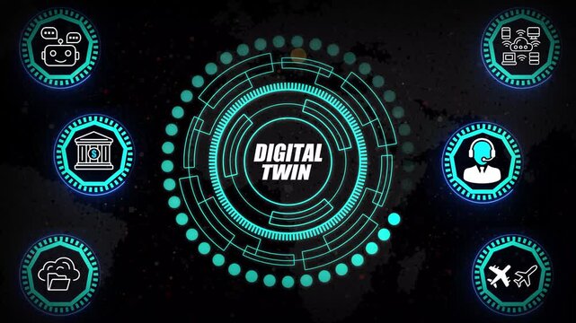 Digital Twin HUD Visual with Real-World System Mirroring Rings, Predictive Simulation Layers, and Intelligent Operational Behavior Mapping Analytics