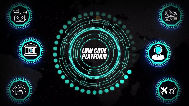 Low-Code Platform HUD with Visual Workflow Builder Rings, Rapid Application Development Layers, and Intelligent Automation Mapping Interface