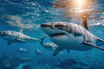 Fototapeta premium a group of sharks swimming around in the ocean, surrounded by fish and sea creatures