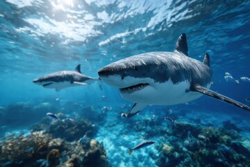 a group of sharks swimming around in the ocean, surrounded by fish and sea creatures