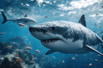 Fototapeta premium a group of sharks swimming around in the ocean, surrounded by fish and sea creatures