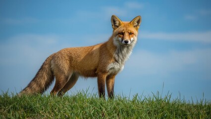 Naklejka premium A fox standing on grass under a blue sky.