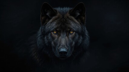 Fototapeta premium Black wolf head close-up with intense eyes on dark background