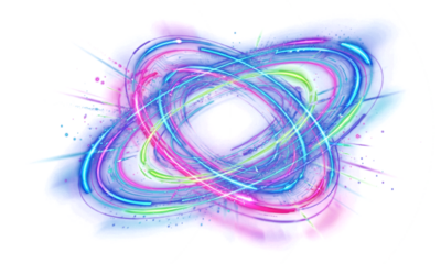 Neon glowing rings with orbit effect and radial flare. Futuristic digital halo in dark space. Ideal for sci-fi design, UI interface, cosmic backgrounds, vibrant tech posters and energy concept