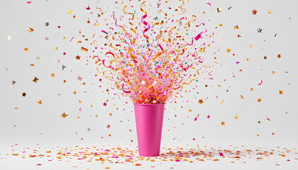 Pink Party Popper Exploding Confetti on White Background Illustration