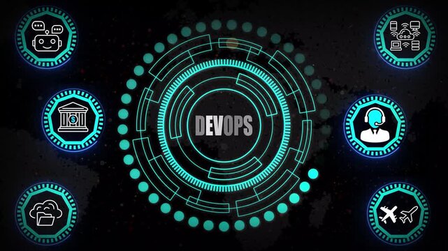DevOps Workflow HUD Rings with Automation Mapping, System Monitoring Patterns, and High-Tech Digital Circuit Motion for Continuous Delivery Visualization