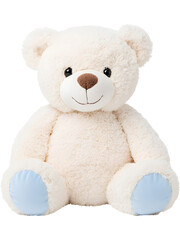 Obraz premium A fluffy white teddy bear with a friendly expression and soft plush texture, perfect for baby themes, holiday visuals, and cozy decor..