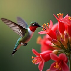 Naklejka premium Hummingbird flying near a colourful flower in nature