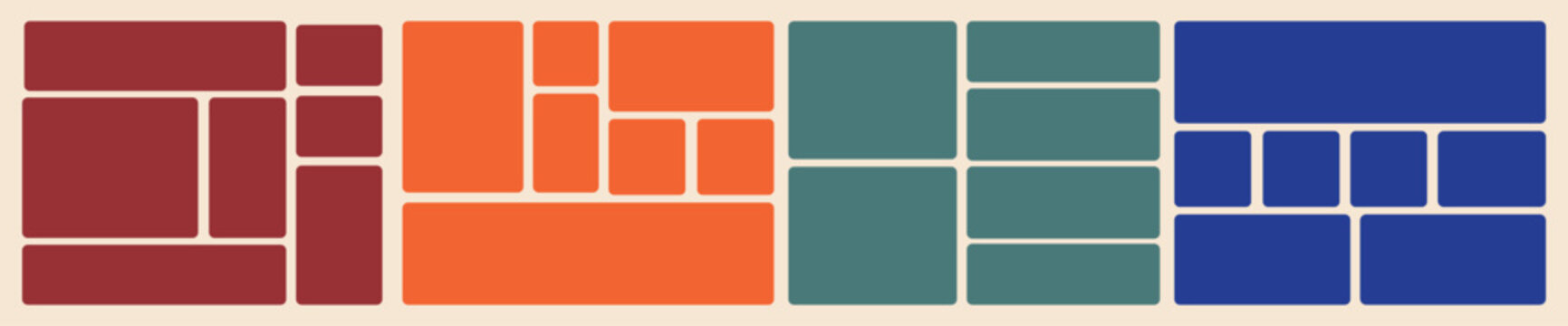 Bento style layout grid templates. photo collage. Web comics grids, various panel arrangements and different size tiles vector set.