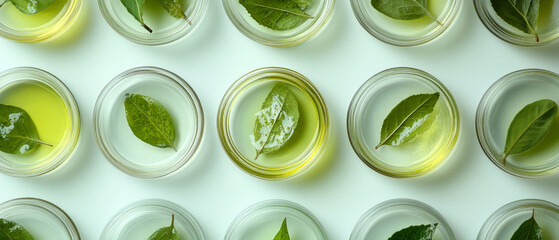 Transparent containers filled with green leaves in liquid capture the process of scientific experimentation — the perfect atmospheric backdrop for presentations on biotechnology  