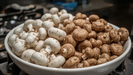 Fototapeta premium Fresh white and brown mushrooms displayed in a bowl, ready for cooking or selection. Fresh produce, food, ingredients. The concept of fresh mushrooms and culinary ingredients.