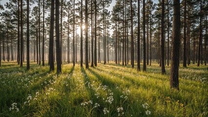 Fototapeta premium A forest scene with tall trees, sunlight filtering through, and lush green grass and white flowers on the ground.