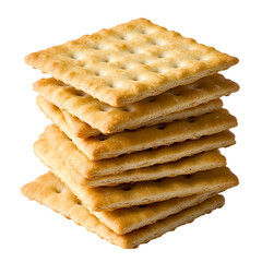 Stacked pile of crispy saltine crackers Isolated transparent on white background