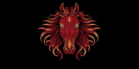 Fototapeta premium Red horse logo design with flowing mane and striking features set against a plain black background