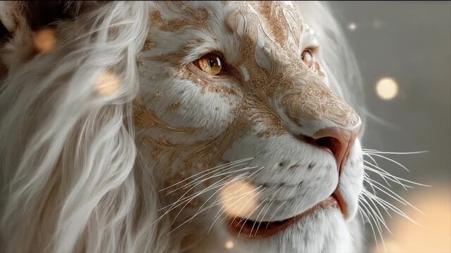 Close up of a majestic white lion with intricate golden details