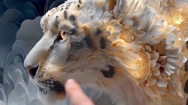 Close up of a sculpted snow leopard with intricate floral details