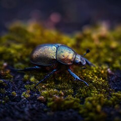 Fototapeta premium Metallic iridescent jewel beetle close up on vibrant green moss macro