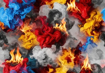 Vibrant abstract swirls of fiery flames and colorful smoke clouds