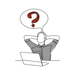 Continuous single line sketch drawing of thinking man with questions mark speech bubble. One line art of business man thinking idea. Vector illustration editable stroke