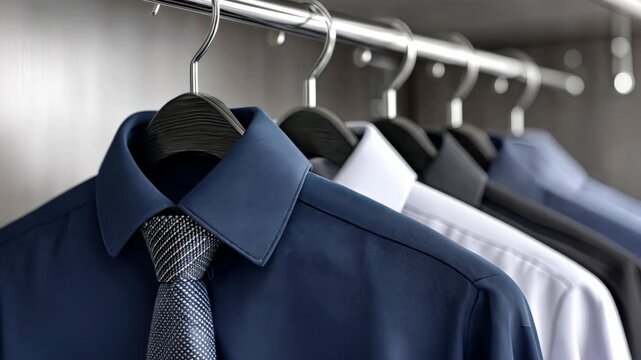 Shirts hanging in a closet with ties arranged neatly on hangers in a well-organized space for easy selection before an important event