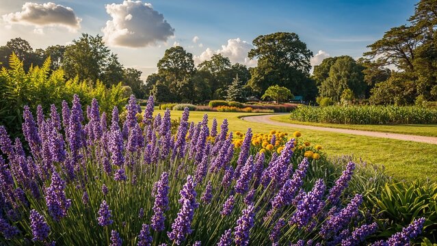 Lush garden with purple lavender flowers, yellow blooms, and tree-lined pathways on a sunny day.