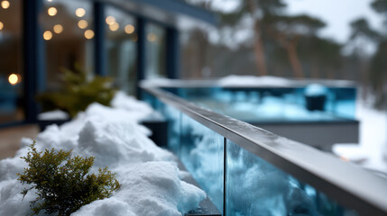 A beautifully arranged balcony scene showcasing a decorative plant amidst a pile of snow, accentuated by a glass railing reflecting the serene winter landscape in the background.