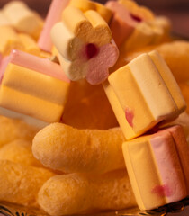 Close-up of marshmallows and corn sticks