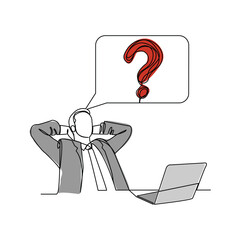 Continuous single line sketch drawing of thinking man with questions mark speech bubble. One line art of business man thinking idea. Vector illustration editable stroke