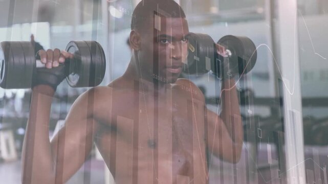 Man gripping bar, performing pulldown reps in gym, charts overlaying torso and tracking strength