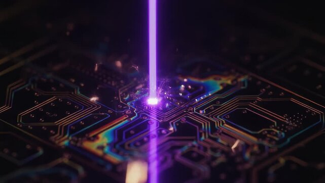 Macro shot of EUV lithography laser etching silicon microchip wafer