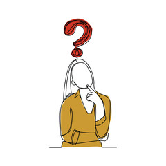 Continuous single line sketch drawing of thinking woman with questions mark. One line art of business woman thinking idea. Vector illustration editable stroke