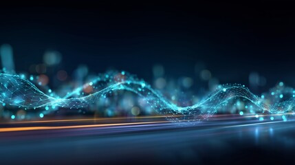 Dynamic Digital Wave Form Representing Data Flow with Glowing Points and Blurred City Lights in Background