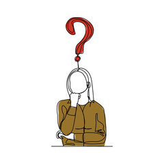 Continuous single line sketch drawing of thinking woman with questions mark. One line art of business woman thinking idea. Vector illustration editable stroke