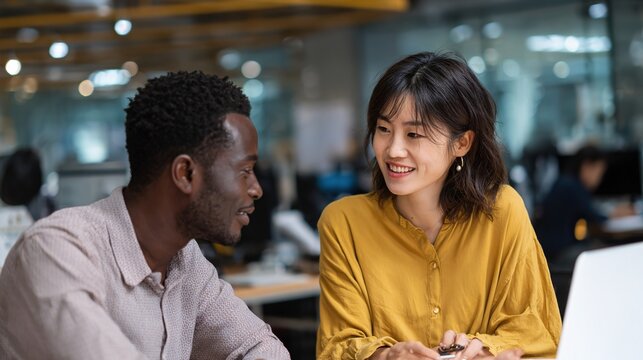 Workplace Dialogue: Two colleagues engage in an animated and cordial discussion, a testament to effective teamwork and the harmonious exchange of ideas within a modern office setting.