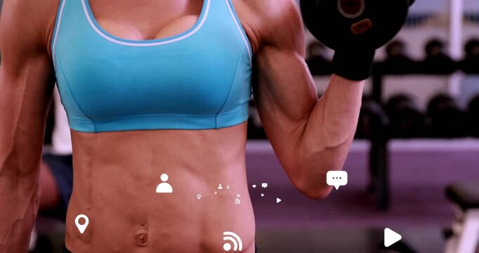Female trainer initiating dumbbell curl, camera rising, UI icons overlaying center, showing fitness