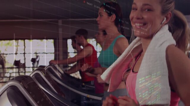 Woman jogging treadmill, camera moving causing HUD slide and stock line rising, tracking stocks