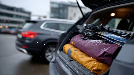 A packed SUV with ski gear visible, showcasing excitement for winter sports. The scene is set in a snowy environment, ready for a thrilling skiing experience.