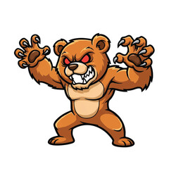 Aggressive teddy bear mascot character rendered in a modern flat 2D style, raising its paws ready to attack fiercely while standing on a clean, isolated white background.
