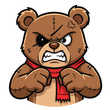 Aggressive flat 2D teddy bear mascot vector illustration standing in a fierce fighting stance with clenched fists against a clean white background.