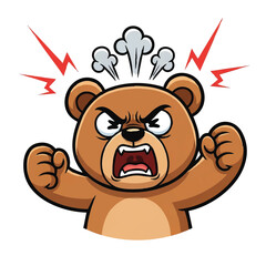 Flat 2D enraged teddy bear mascot illustration showing intense cartoon-style fury and aggressive emotion, isolated against a bright clean white background.