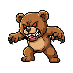 A fierce teddy bear mascot in a striking 2D flat illustration style is depicted aggressively showing sharp teeth while standing isolated on a clean white background.